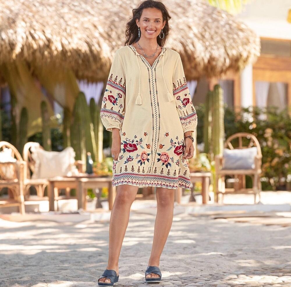 Sundance Wild Wonders Kaftan Embroidered Cream Dress Size Large EUC